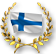 Suomen lippu kultaisen laakeriseppeleen ympäröimänä.